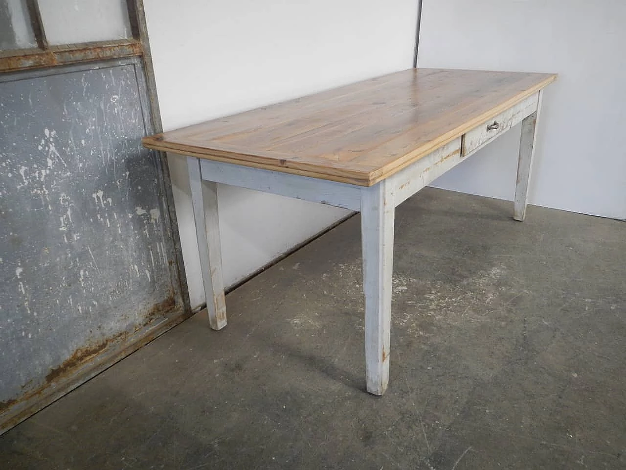 White varnished spruce and larch table with drawer, 1970s 2