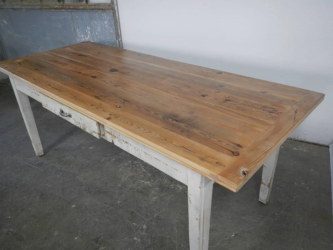 White varnished spruce and larch table with drawer, 1970s 3