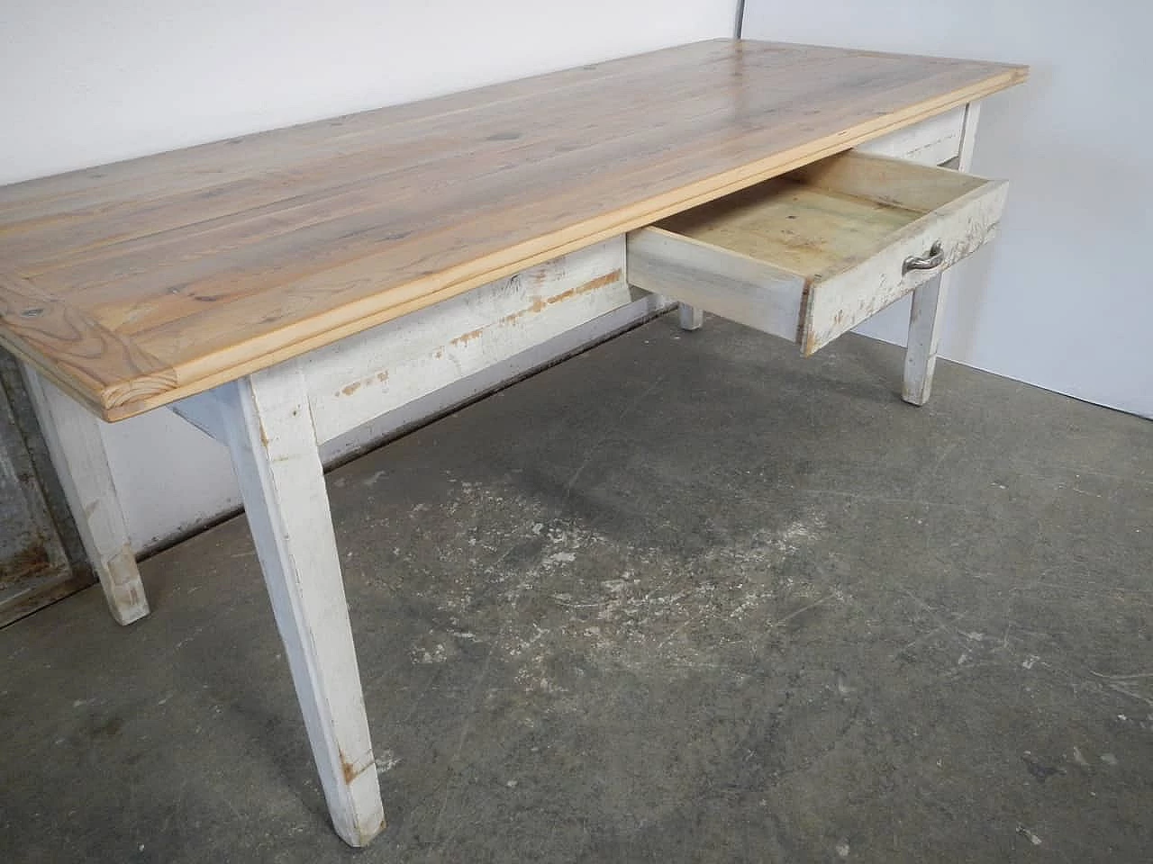 White varnished spruce and larch table with drawer, 1970s 4