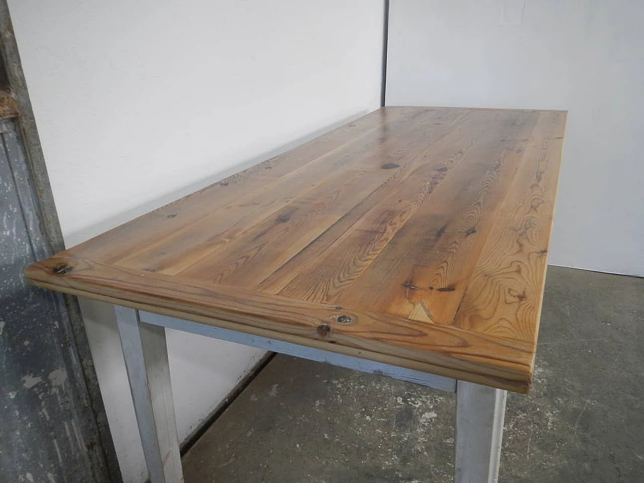 White varnished spruce and larch table with drawer, 1970s 5