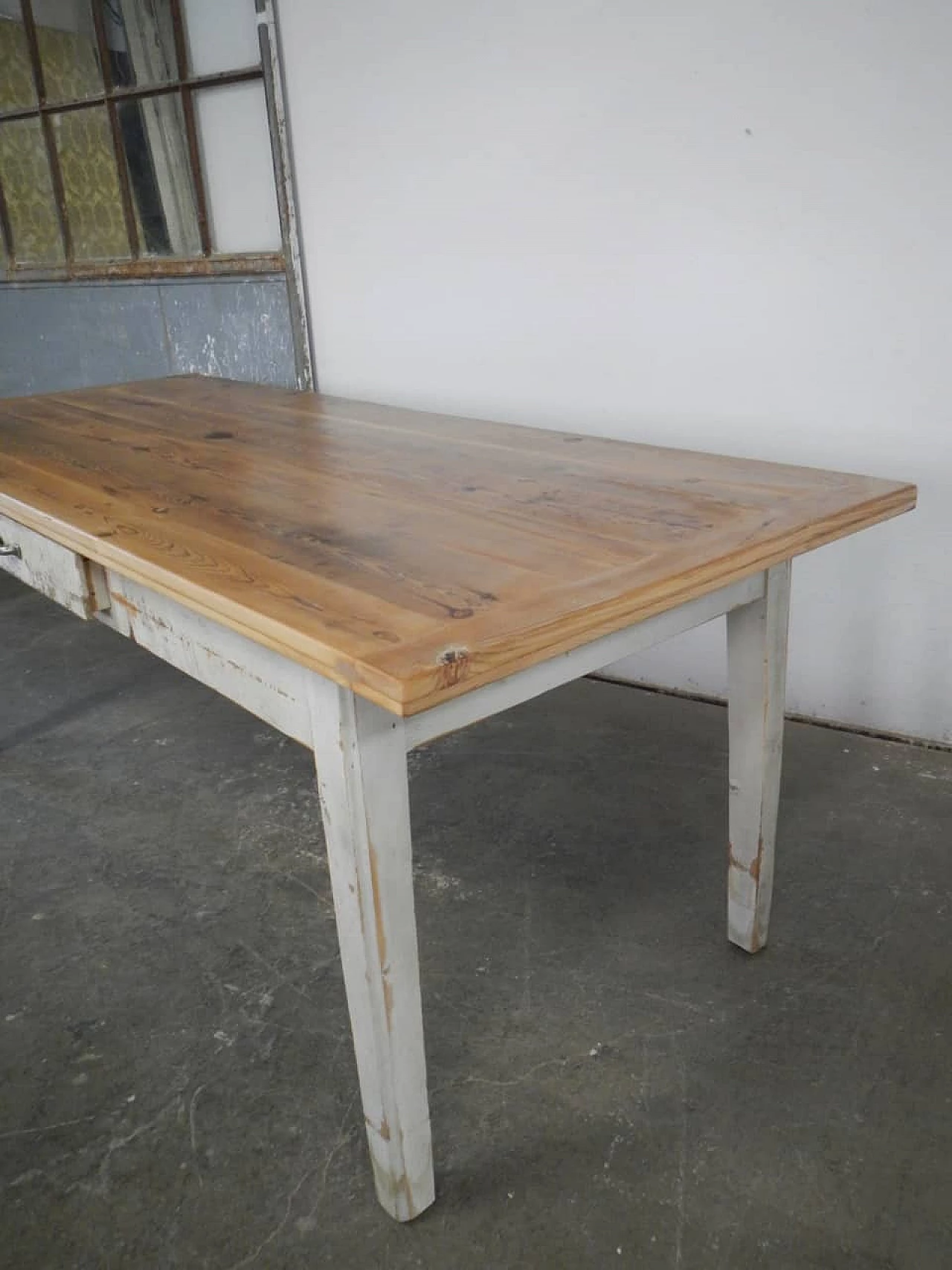 White varnished spruce and larch table with drawer, 1970s 9