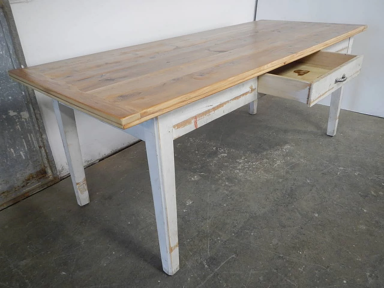 Larch and white varnished spruce table with drawer, 1970s 2