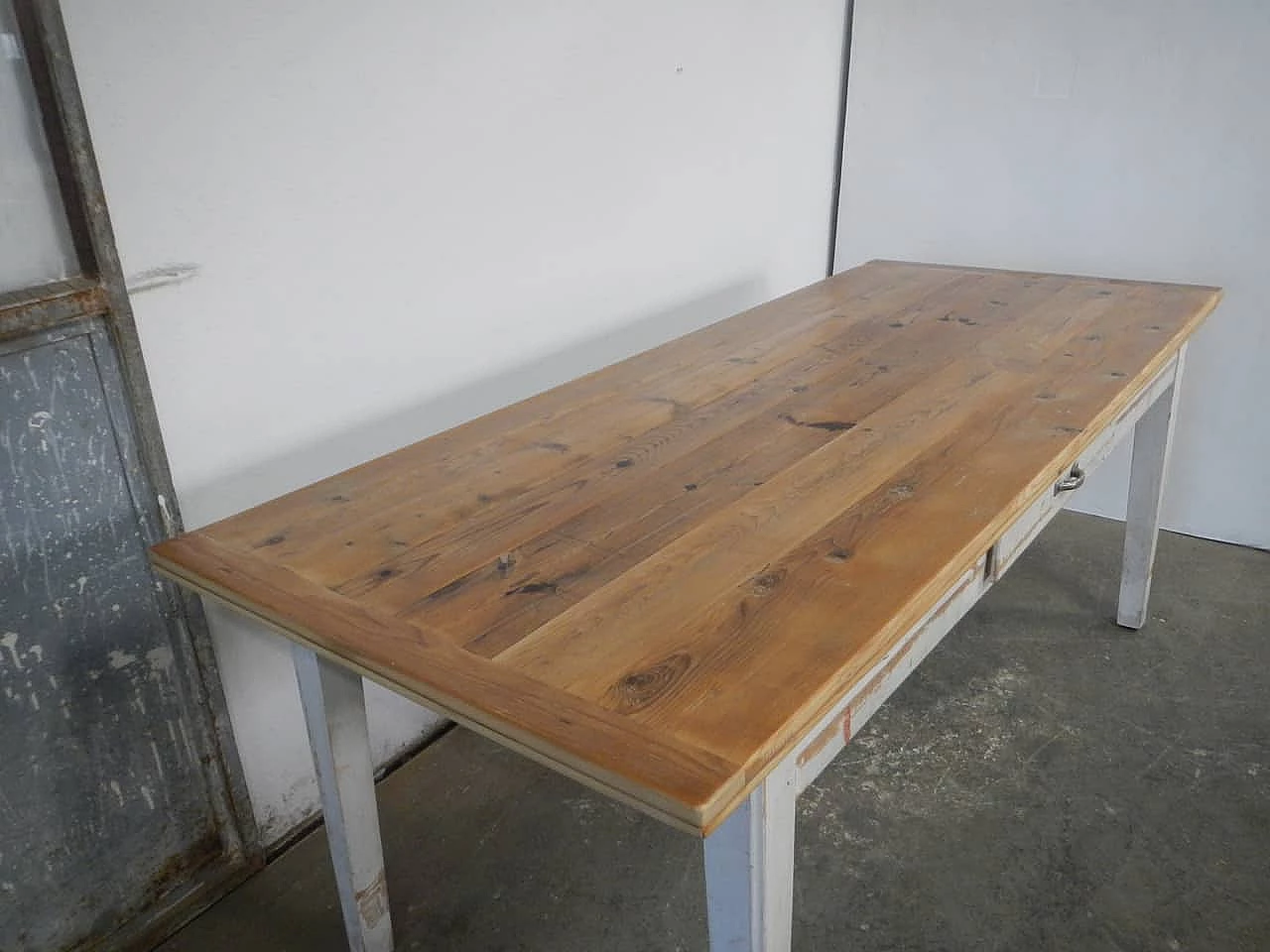 Larch and white varnished spruce table with drawer, 1970s 3