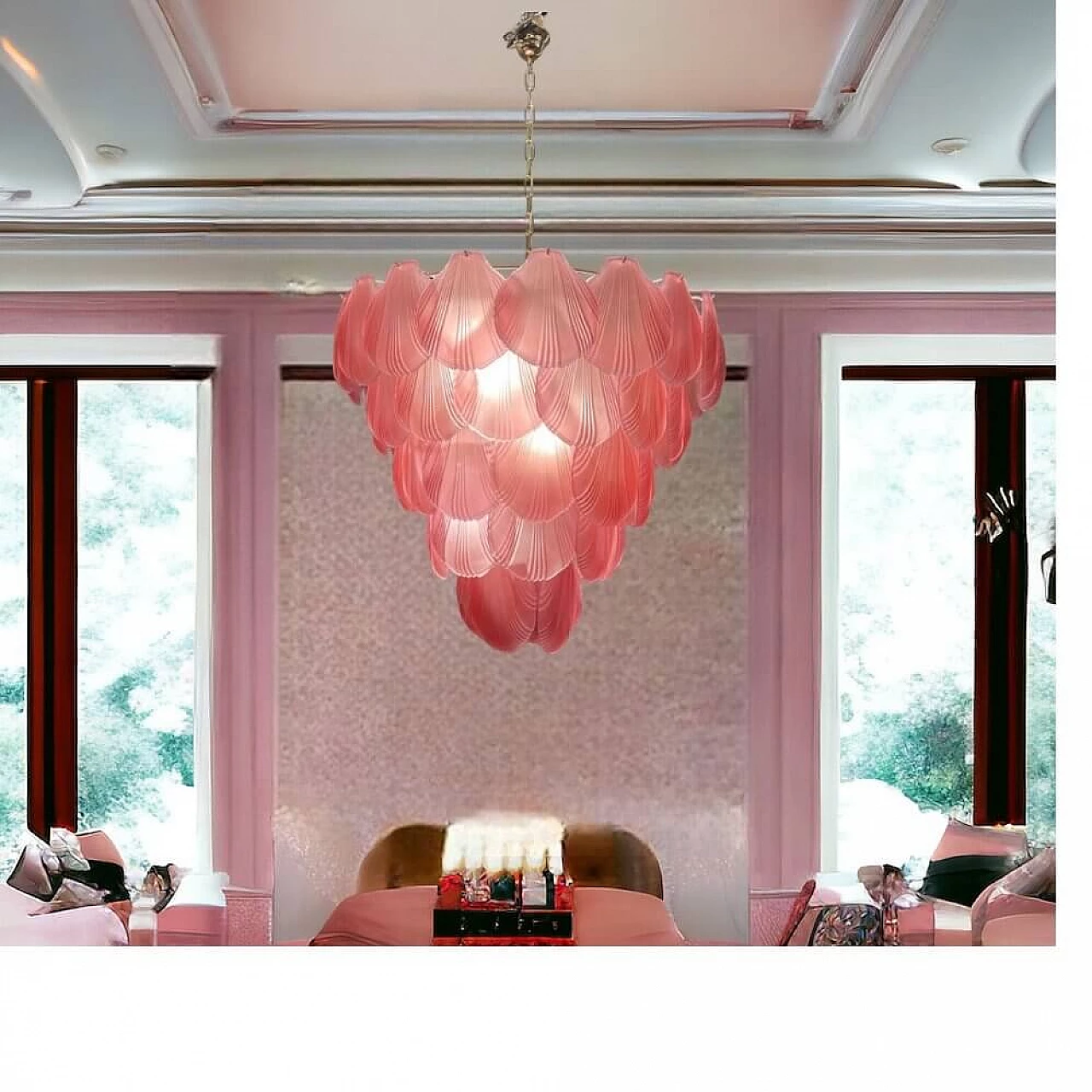 Pink frosted glass shell chandelier, 1980s 2