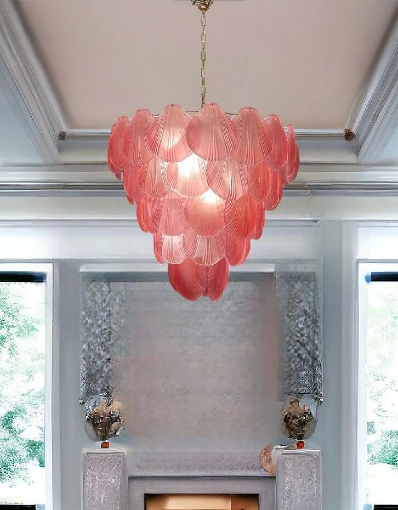 Lampadario a conchiglie in vetro satinato rosa, anni '80 9