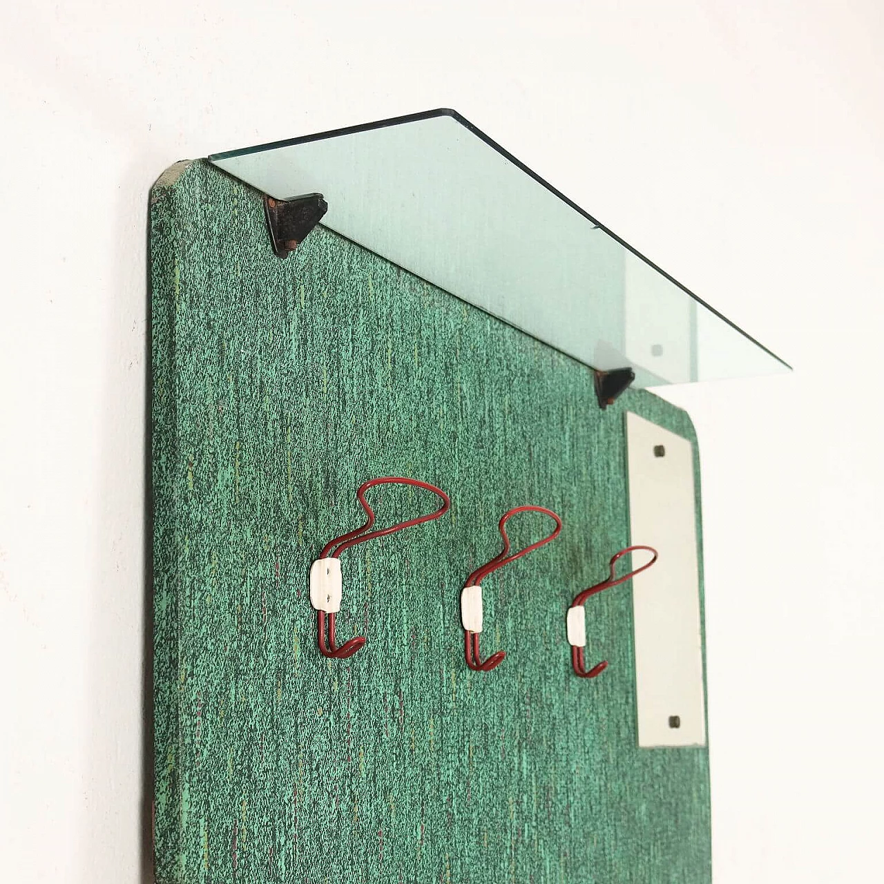 Appendiabiti da parete in metallo e legno rivestito in skai con specchio, anni '60 3