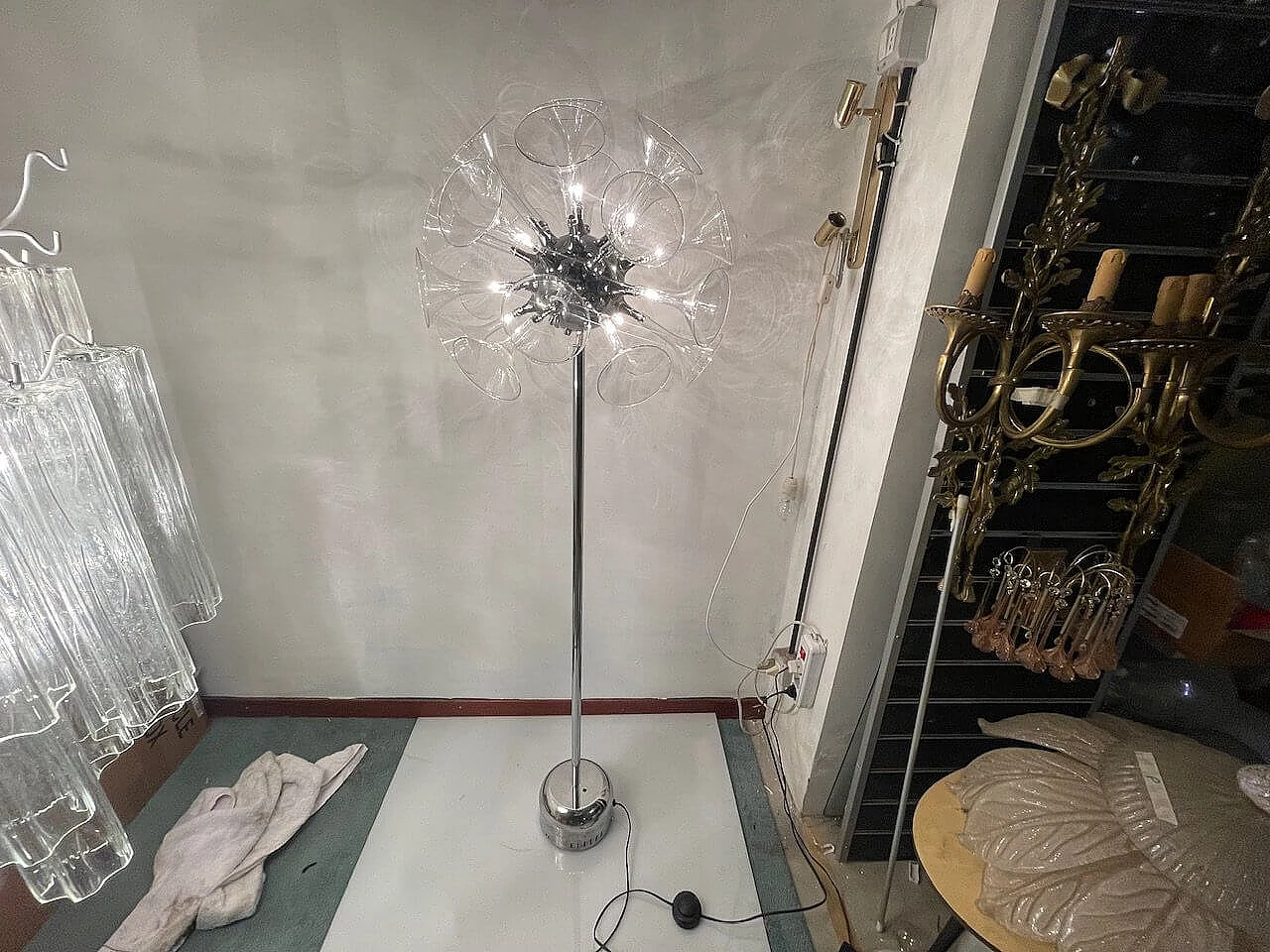 Chromed metal and crystal Sputnik floor lamp, 1980s 11