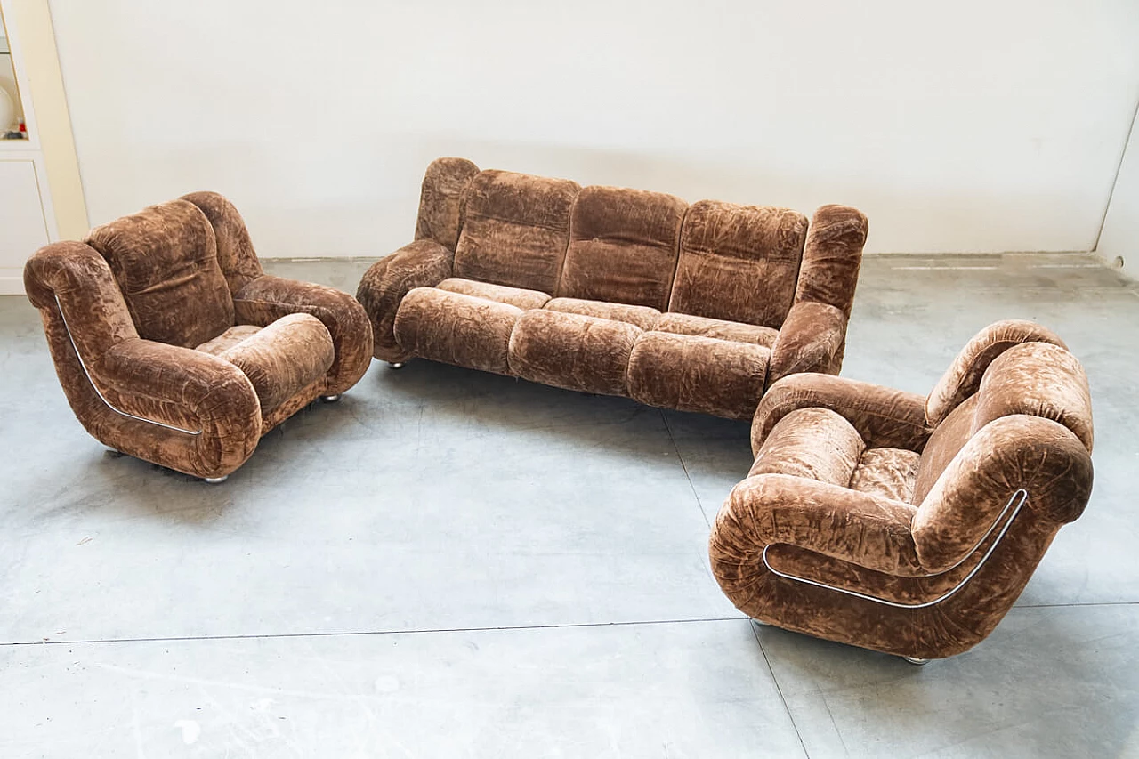 Beige chenille sofa and pair of armchairs, 1970s 13