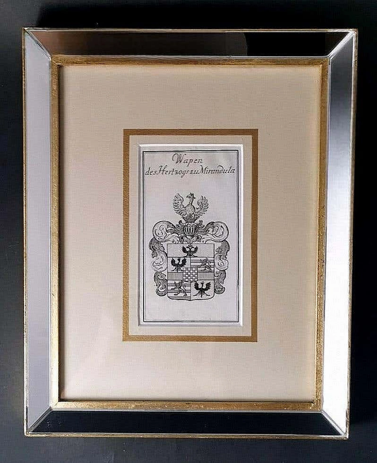 Engraved Dutch print depicting the coat of arms of the Dukes of Mirandola with mirrored frame, 17th century 1