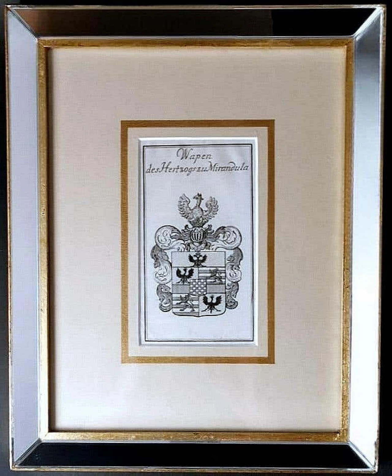 Engraved Dutch print depicting the coat of arms of the Dukes of Mirandola with mirrored frame, 17th century 3