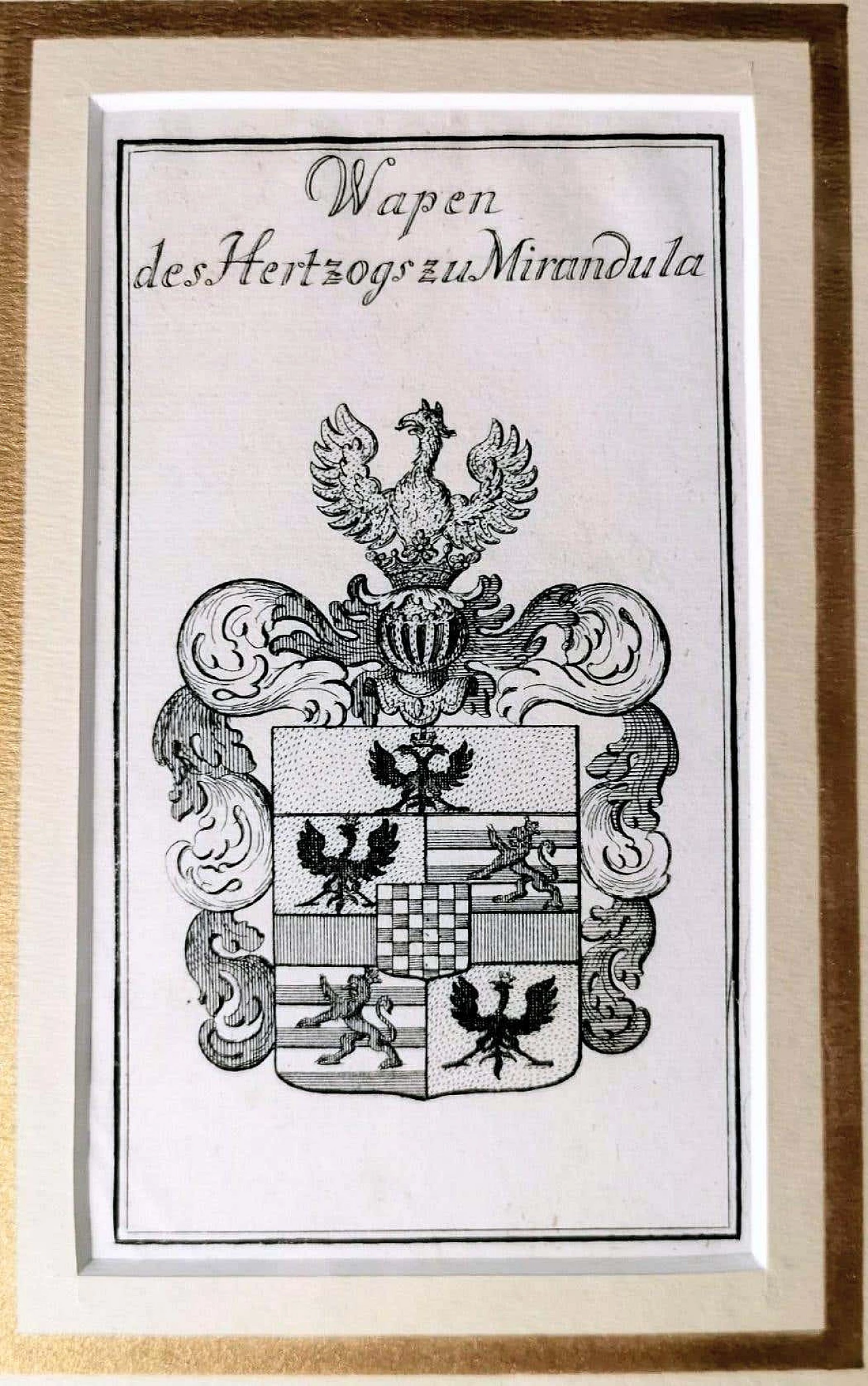 Engraved Dutch print depicting the coat of arms of the Dukes of Mirandola with mirrored frame, 17th century 4