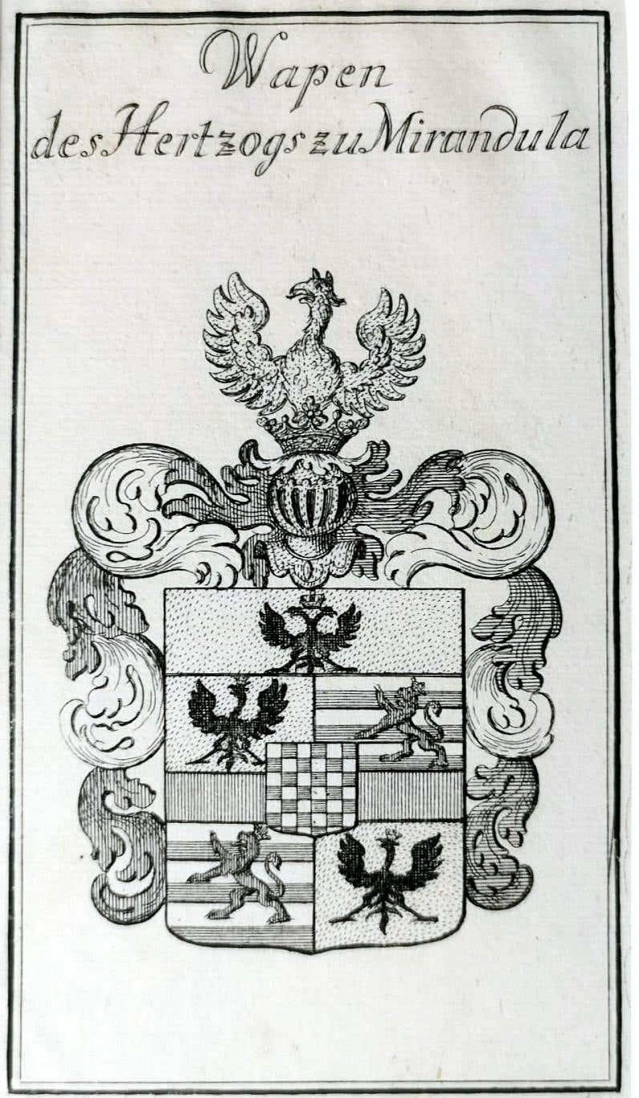 Engraved Dutch print depicting the coat of arms of the Dukes of Mirandola with mirrored frame, 17th century 6