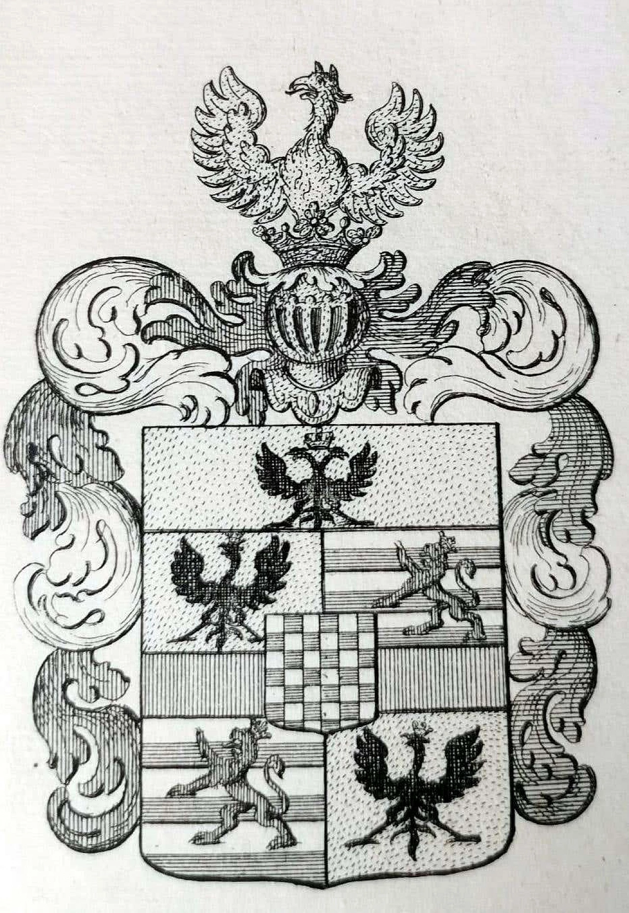 Engraved Dutch print depicting the coat of arms of the Dukes of Mirandola with mirrored frame, 17th century 7