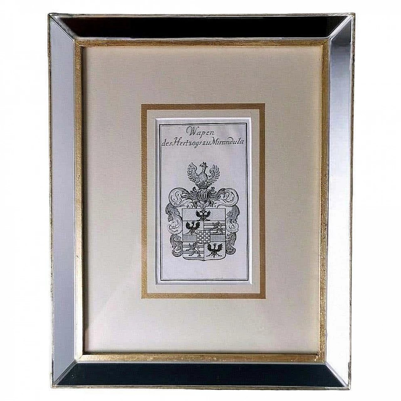 Engraved Dutch print depicting the coat of arms of the Dukes of Mirandola with mirrored frame, 17th century 15
