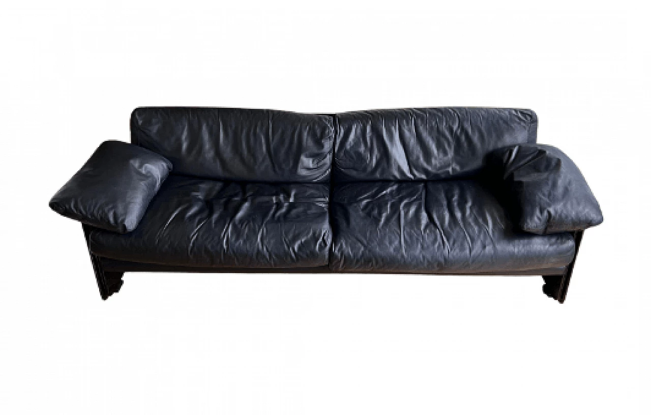 Three-seater lacquered wood and black leather sofa, 1980s 1
