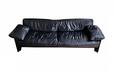 Three-seater lacquered wood and black leather sofa, 1980s