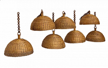 7 Lampade a sospensione in vimini e bambù, anni '70