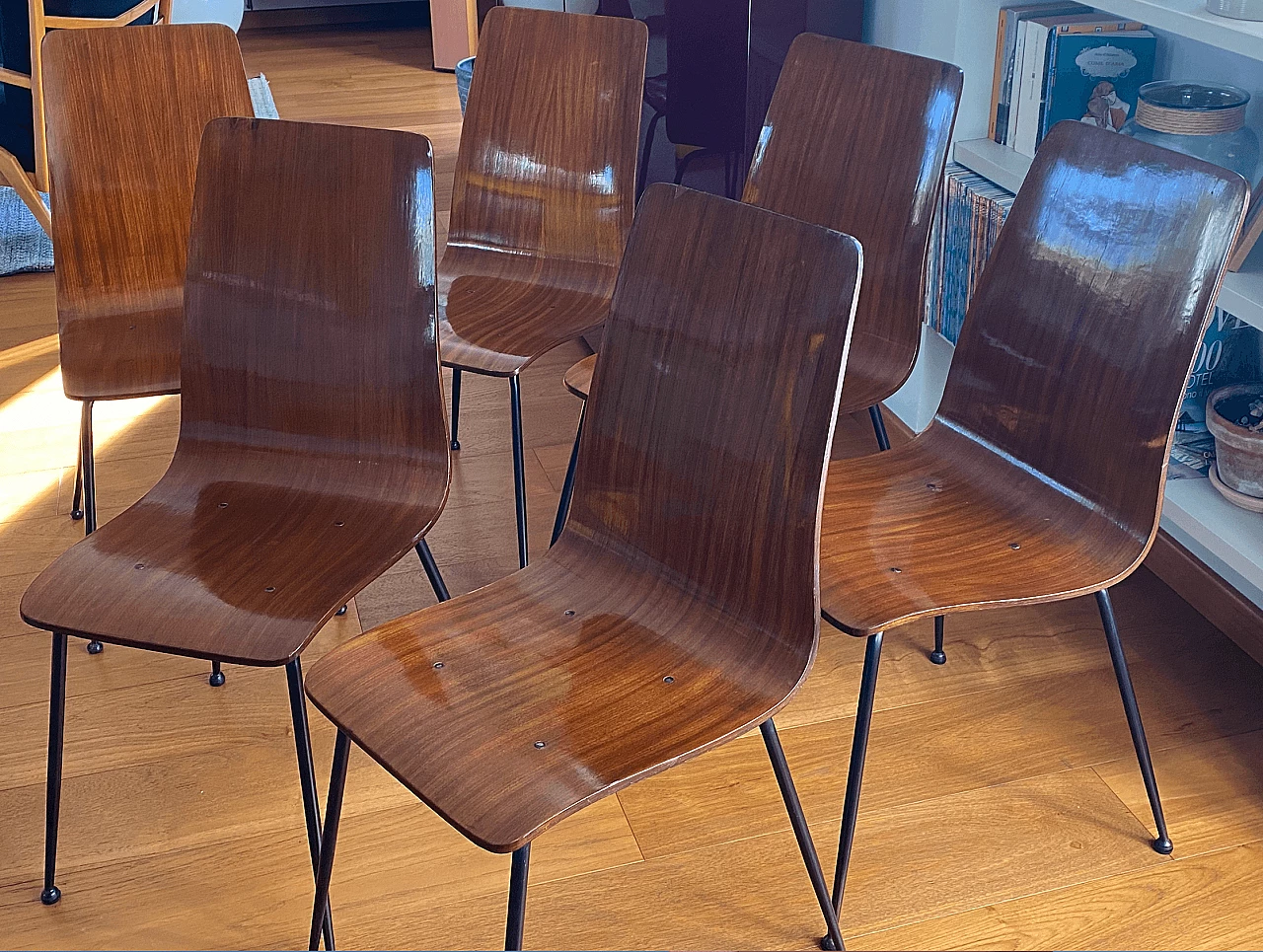 6 Sedie in legno curvato con struttura in metallo laccato di Carlo Ratti, anni '50 2