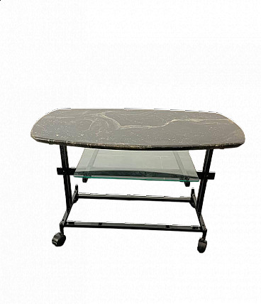 Metal, glass and marbled wood coffee table with casters, 1960s