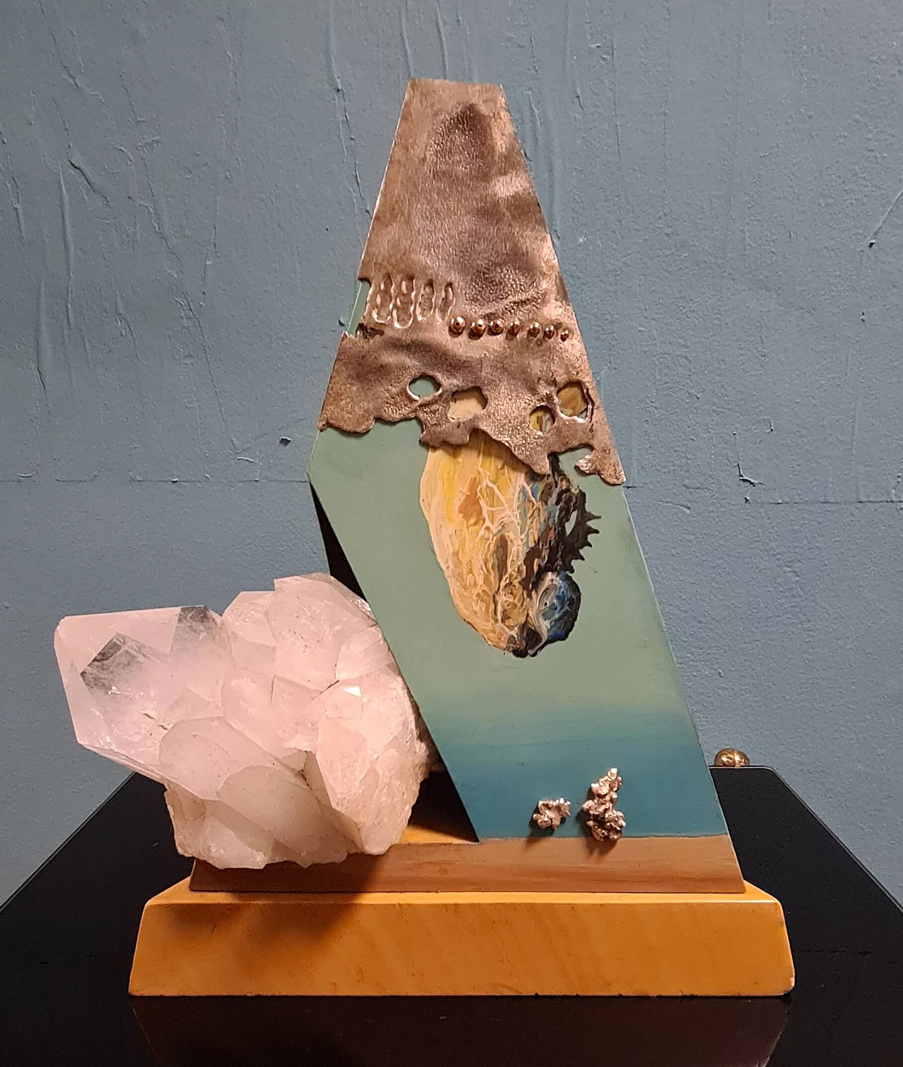 Mario Rosso, metaphysical composition, wood, metal and quartz sculpture, 1980s 1