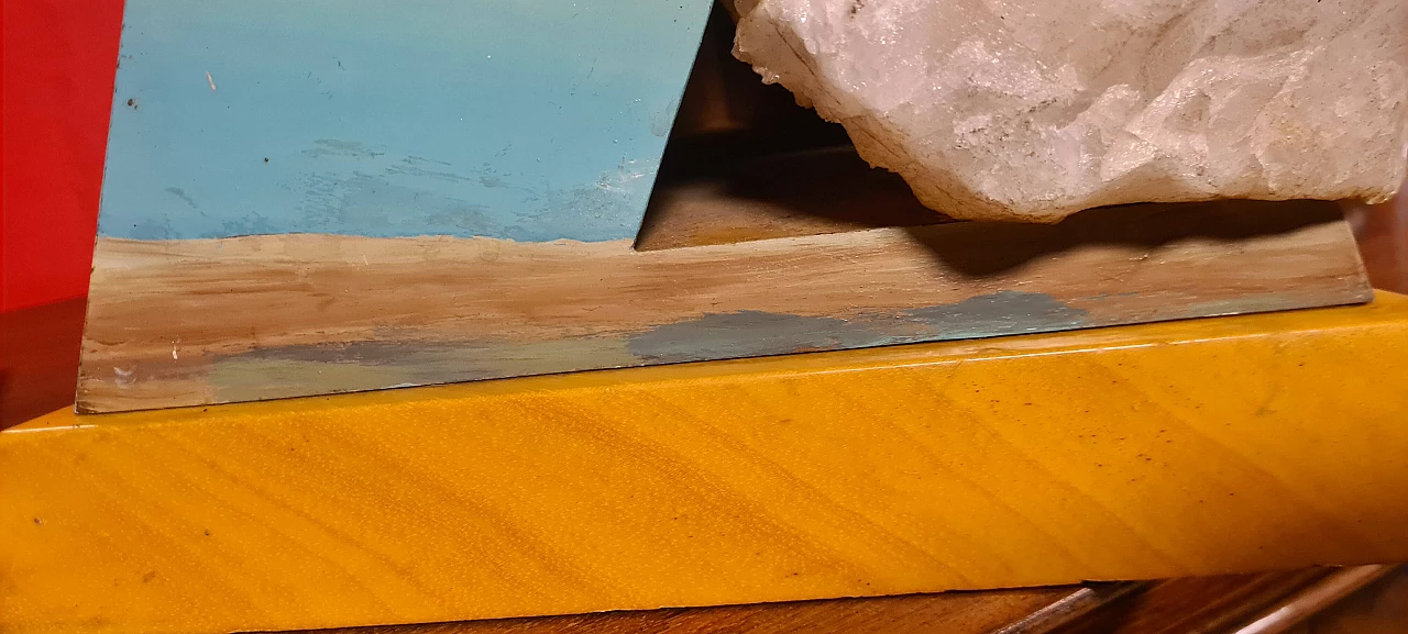 Mario Rosso, composizione metafisica, scultura in legno, metallo e quarzo, anni '80 16