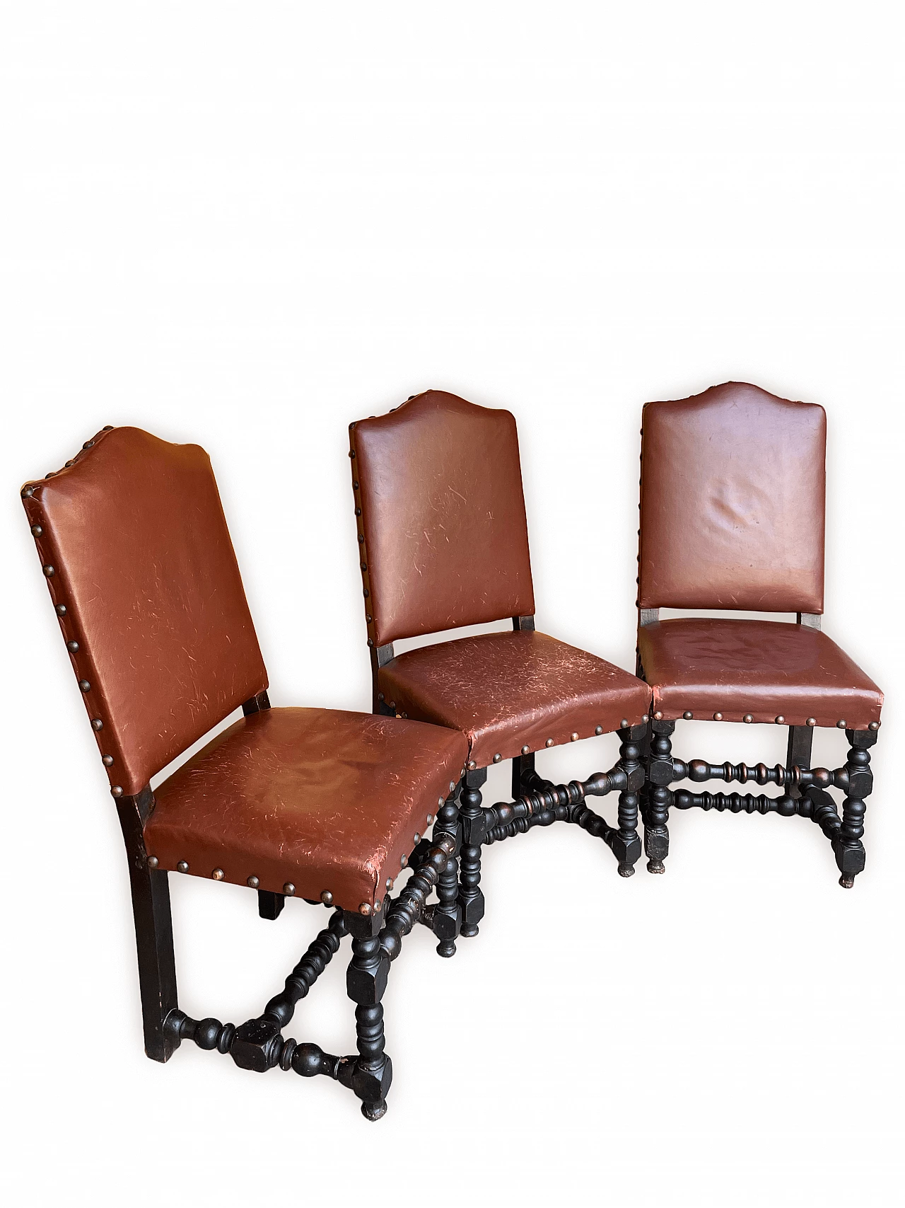 3 Chairs in oak and burgundy hide with studs, 19th century 1