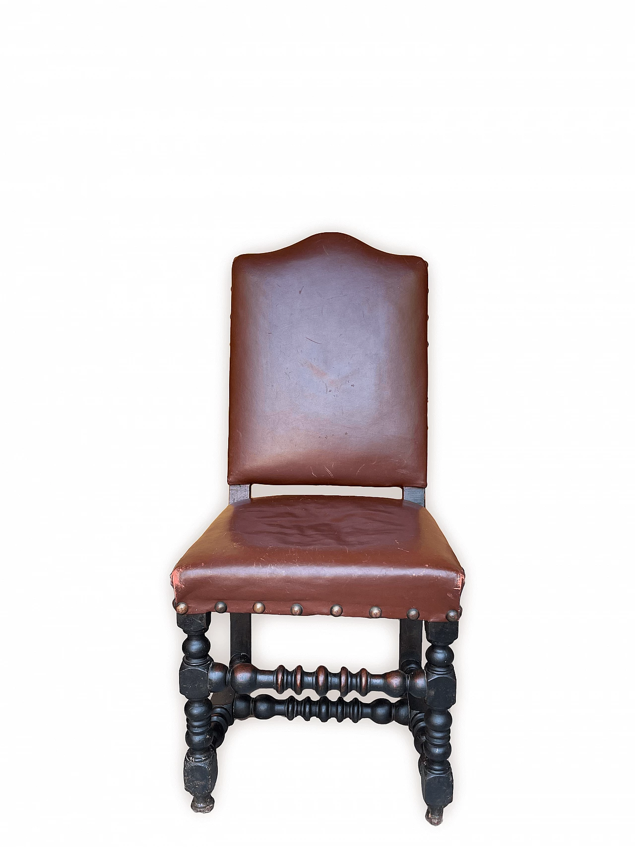 3 Chairs in oak and burgundy hide with studs, 19th century 2