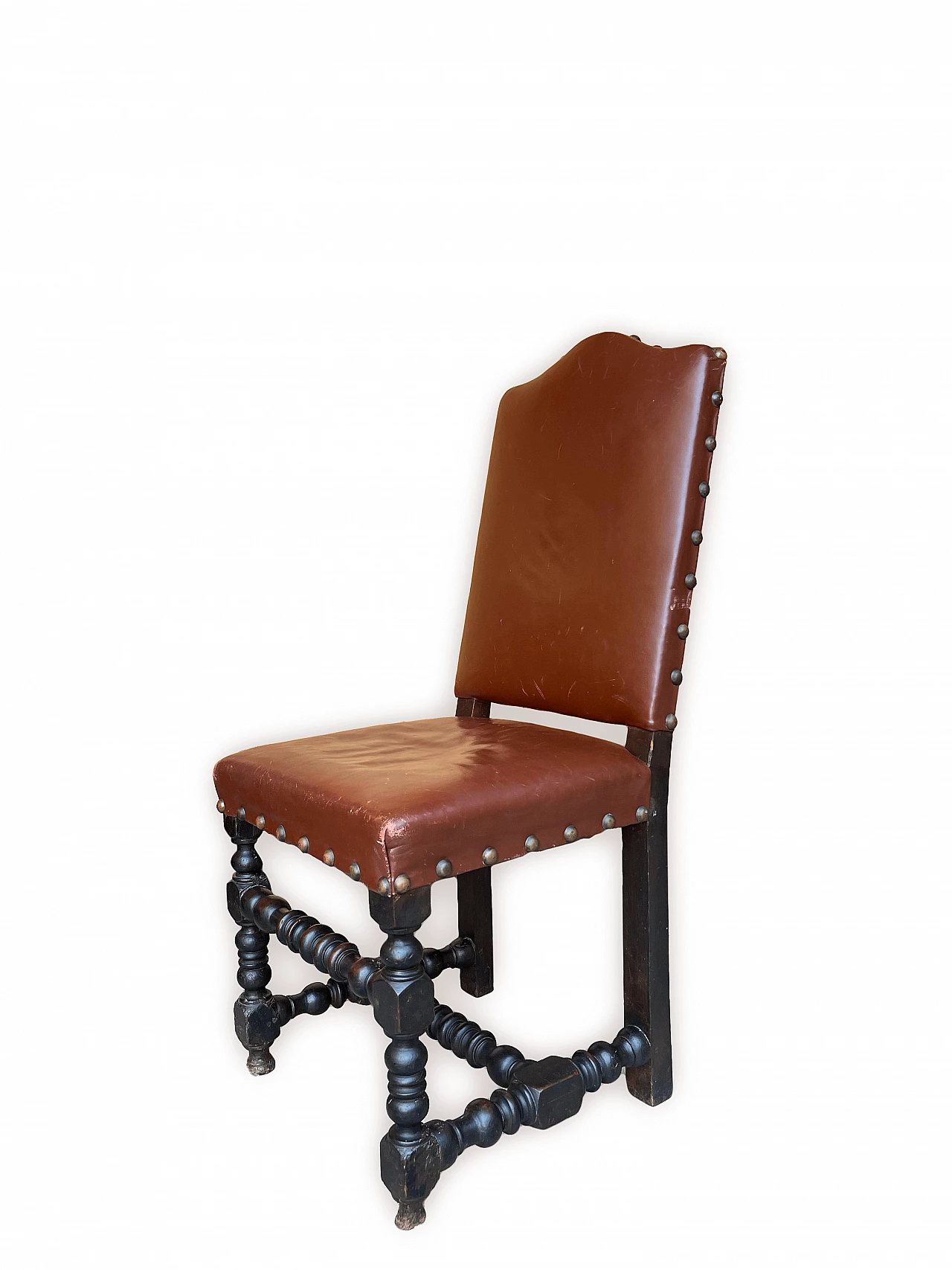 3 Chairs in oak and burgundy hide with studs, 19th century 3