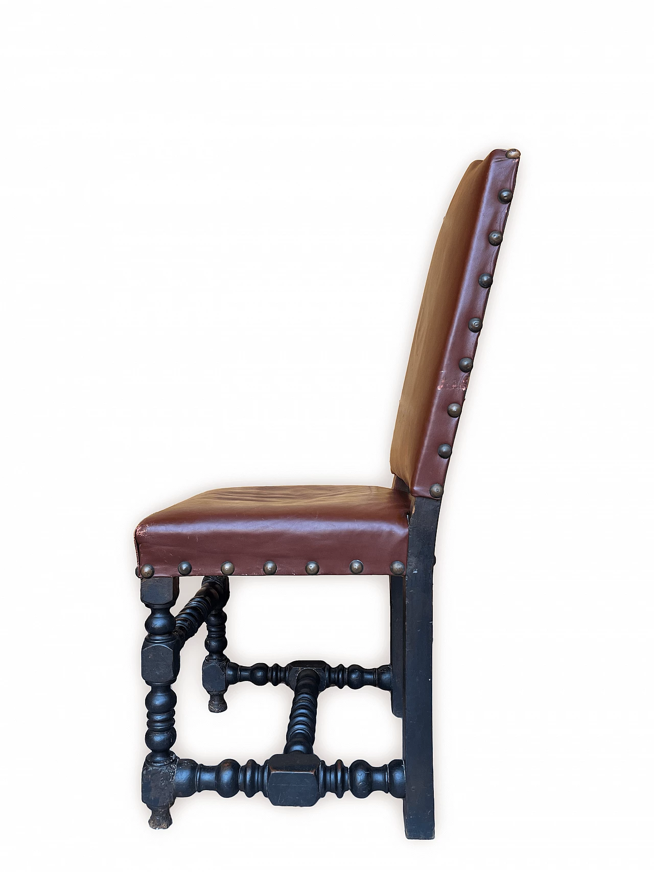 3 Chairs in oak and burgundy hide with studs, 19th century 4