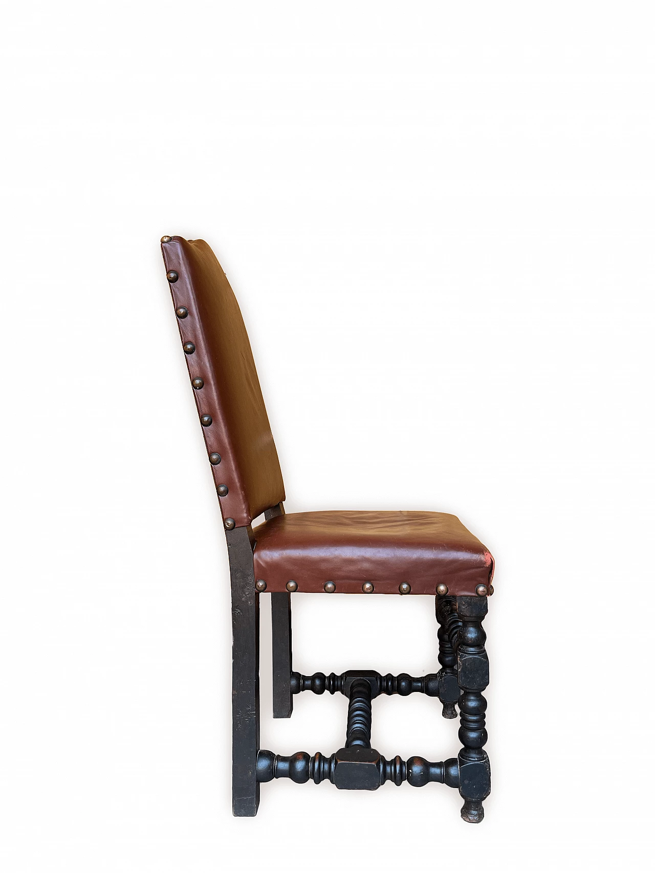 3 Chairs in oak and burgundy hide with studs, 19th century 6