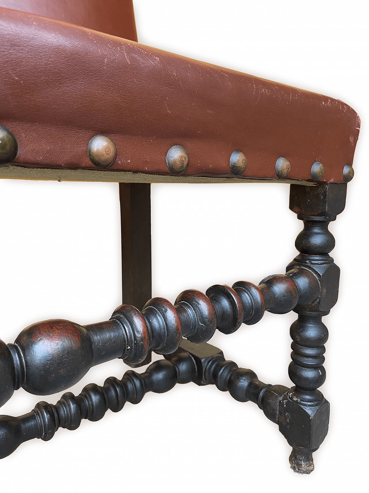 3 Chairs in oak and burgundy hide with studs, 19th century 7