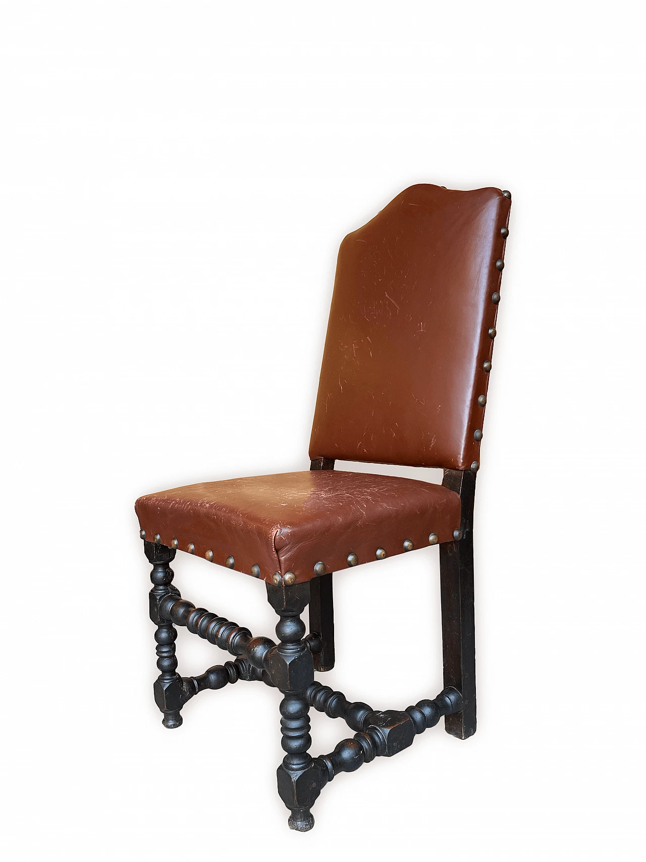 3 Chairs in oak and burgundy hide with studs, 19th century 10