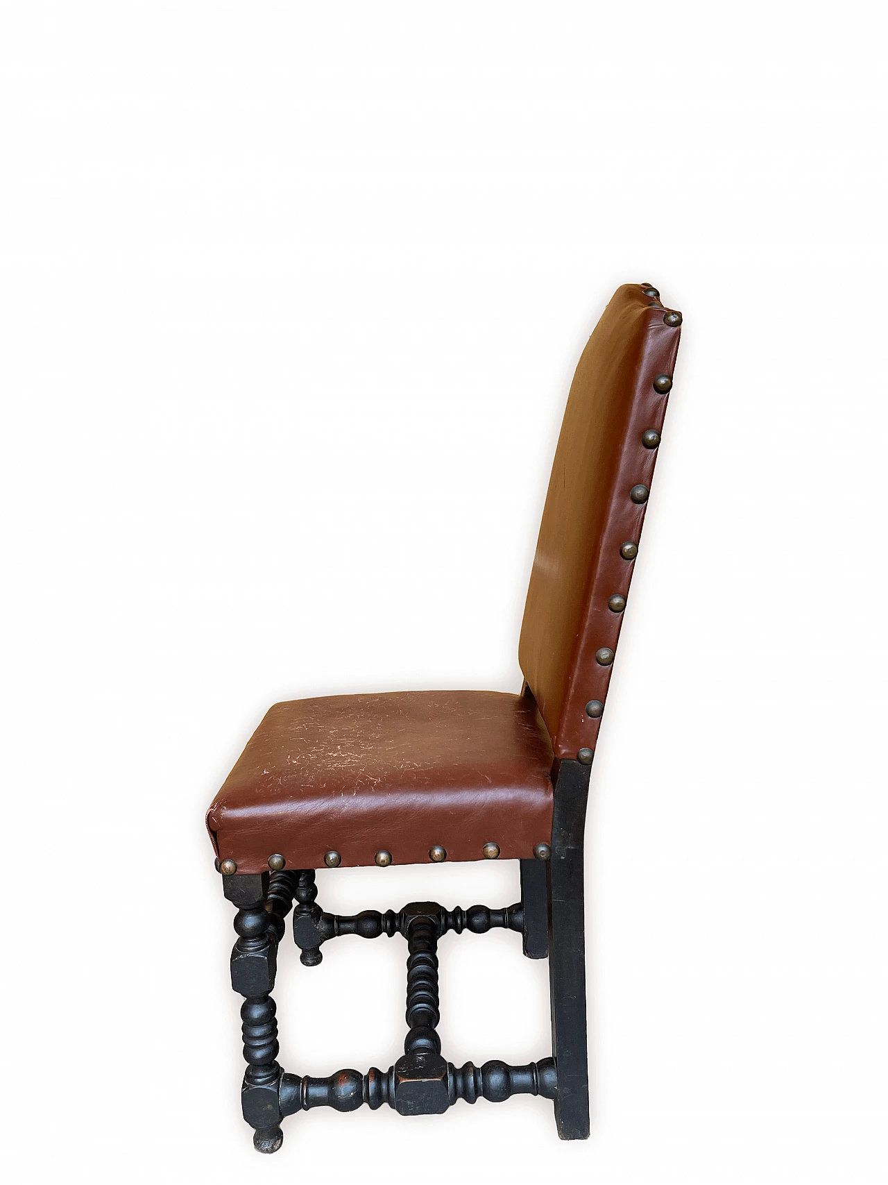 3 Chairs in oak and burgundy hide with studs, 19th century 11