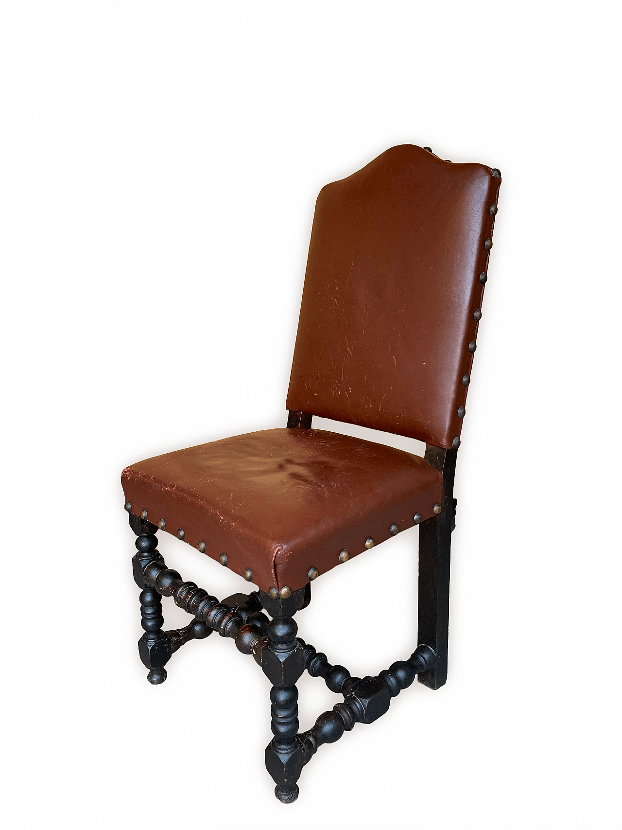 3 Chairs in oak and burgundy hide with studs, 19th century 15