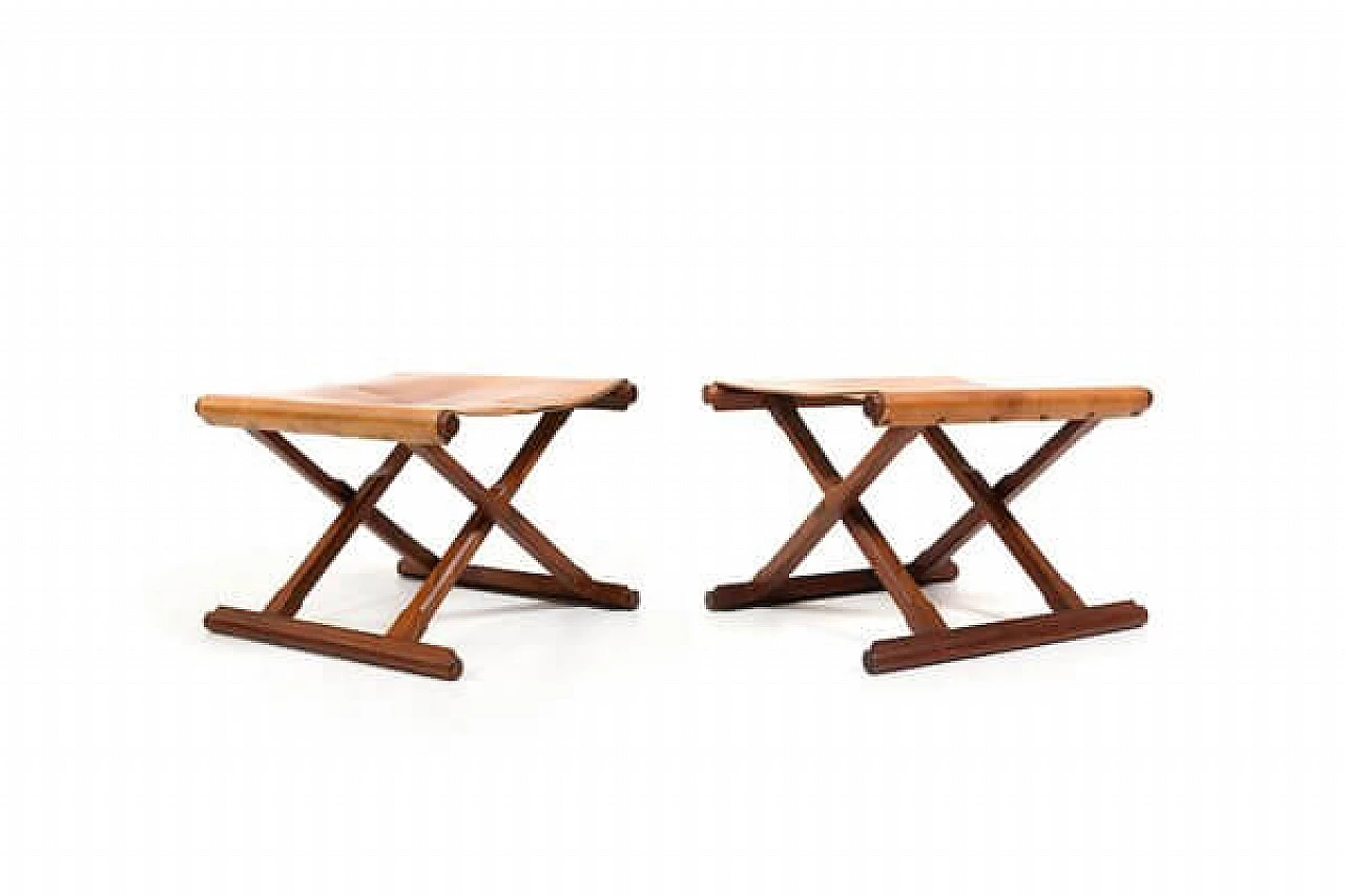 Pair of Danish teak and leather folding stools, 1960s 1