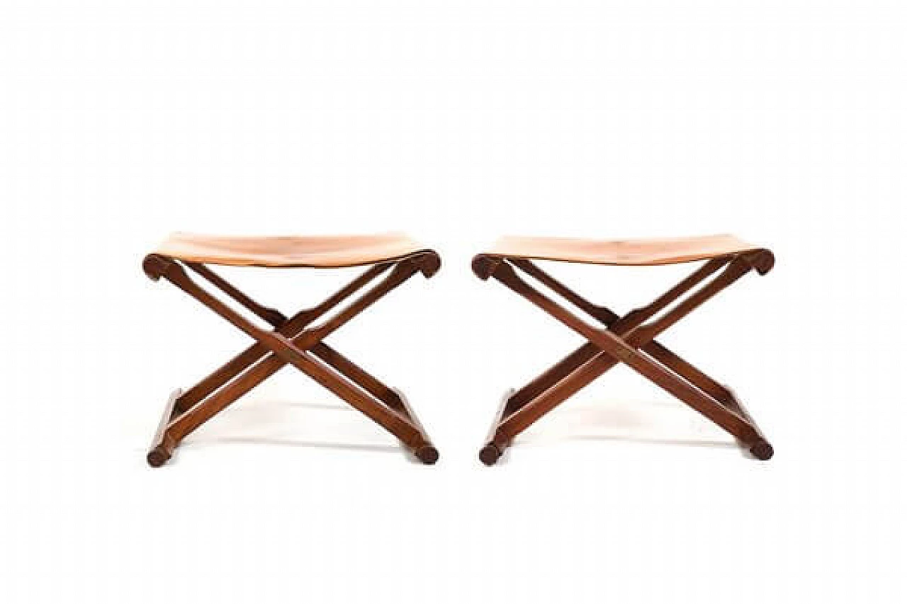 Pair of Danish teak and leather folding stools, 1960s 2