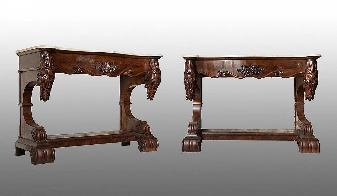 Pair of Louis Philippe mahogany feather console tables with statuary white marble top, 19th century 1