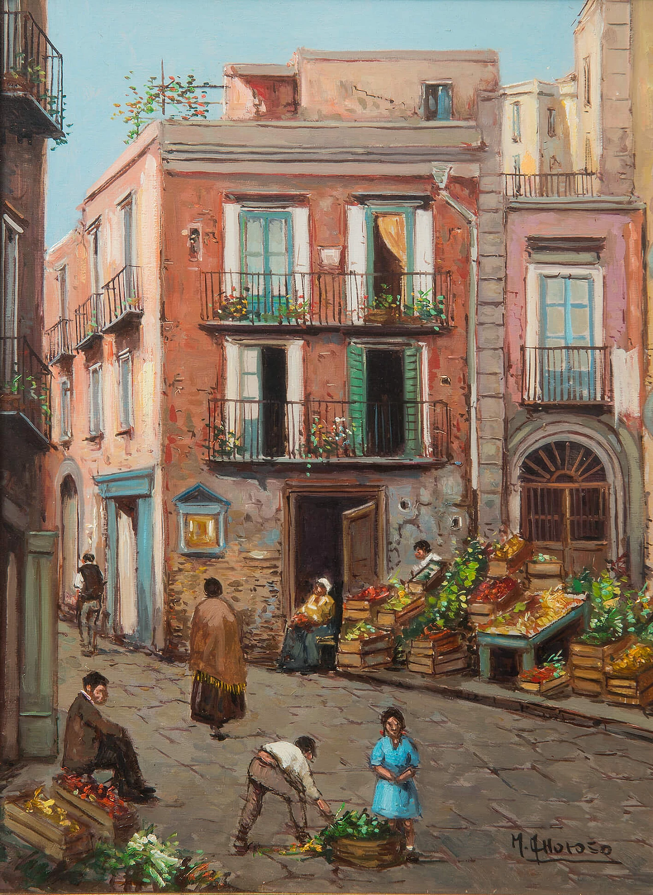 Foreshortening of the neighbourhoods of Naples, oil on canvas signed A. Amoroso, early 20th century 2