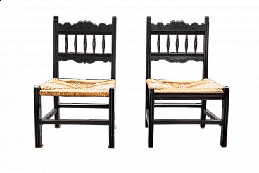Coppia di sedie da camera in paglia di riso intrecciata a mano, anni '50