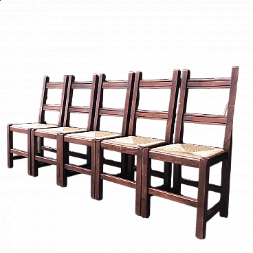 5 Rustic straw-bottomed chestnut chairs, 1930s