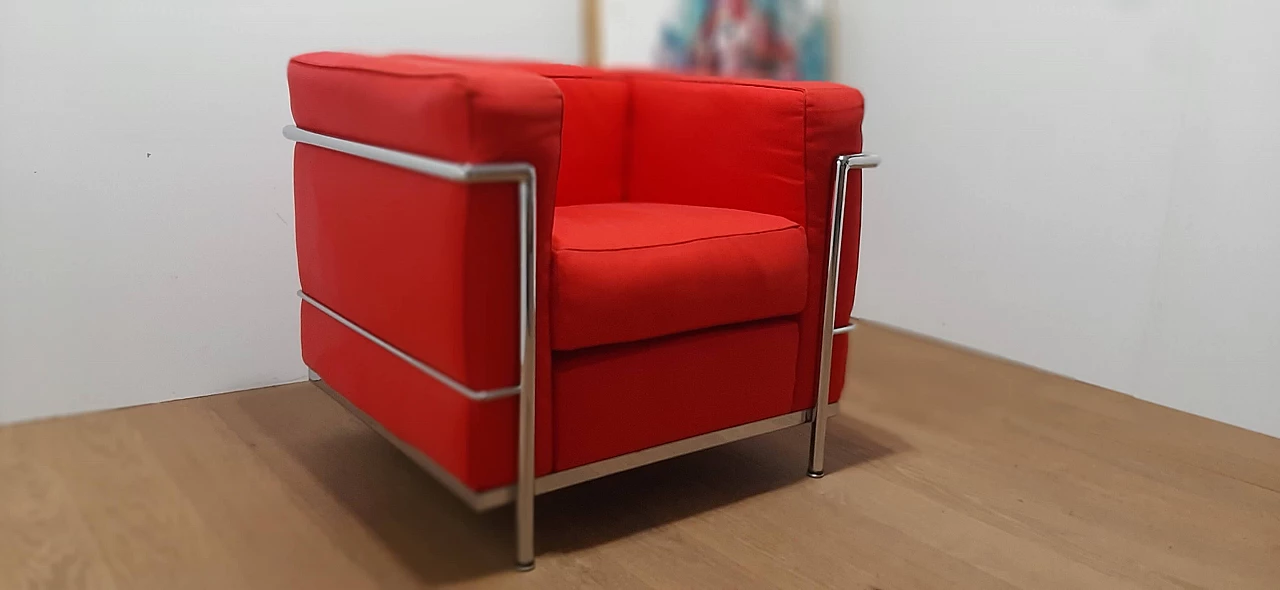 LC 2 armchair in red cotton by Le Corbusier, P. Jeanneret, C. Perriand for Alivar, 1980s 1