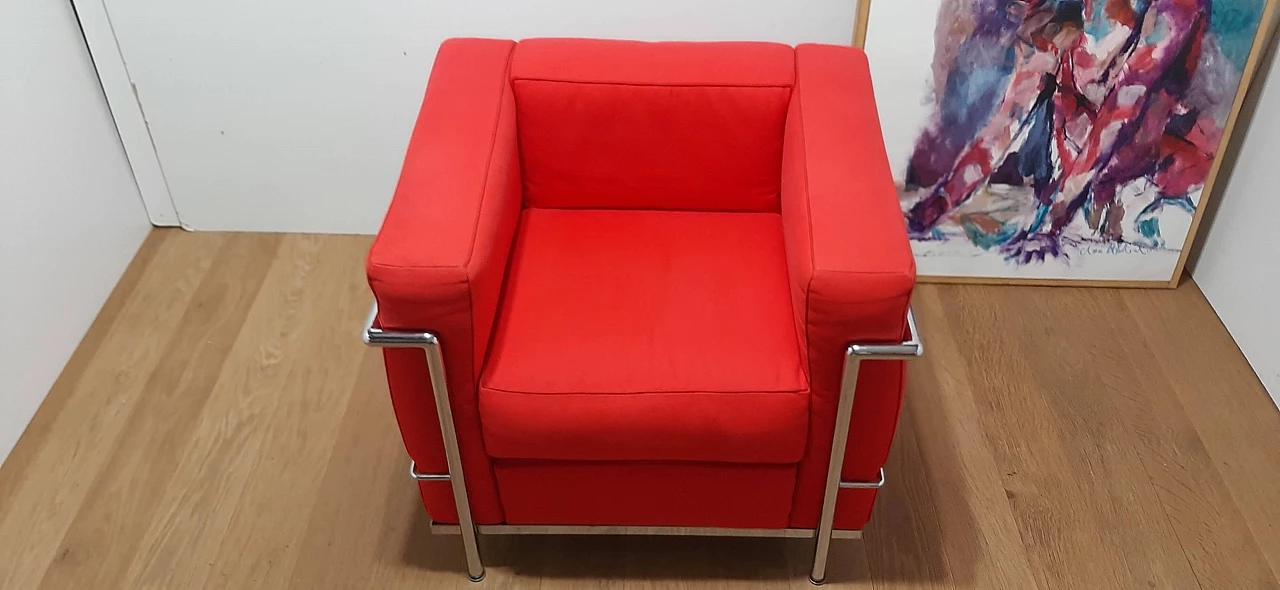 LC 2 armchair in red cotton by Le Corbusier, P. Jeanneret, C. Perriand for Alivar, 1980s 2