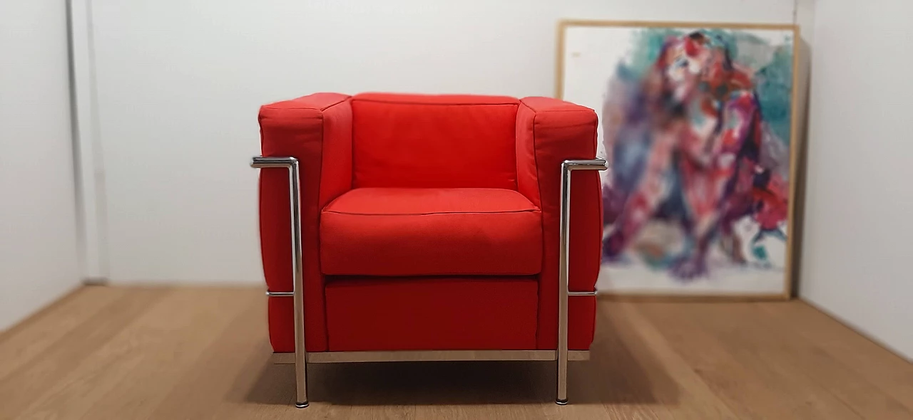 LC 2 armchair in red cotton by Le Corbusier, P. Jeanneret, C. Perriand for Alivar, 1980s 3