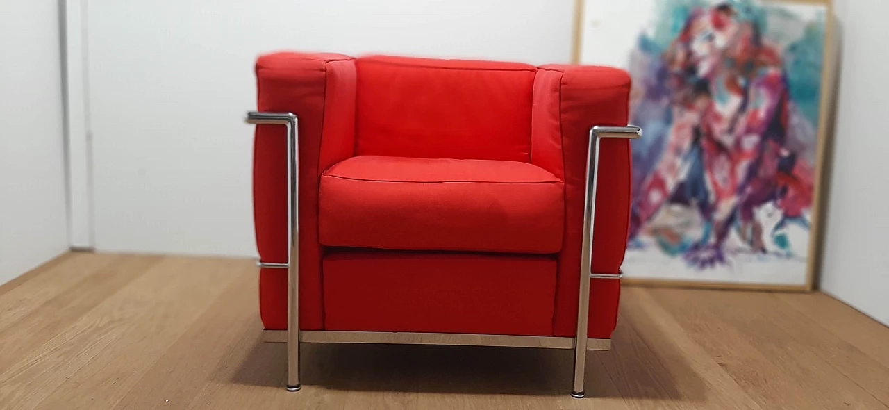 LC 2 armchair in red cotton by Le Corbusier, P. Jeanneret, C. Perriand for Alivar, 1980s 4