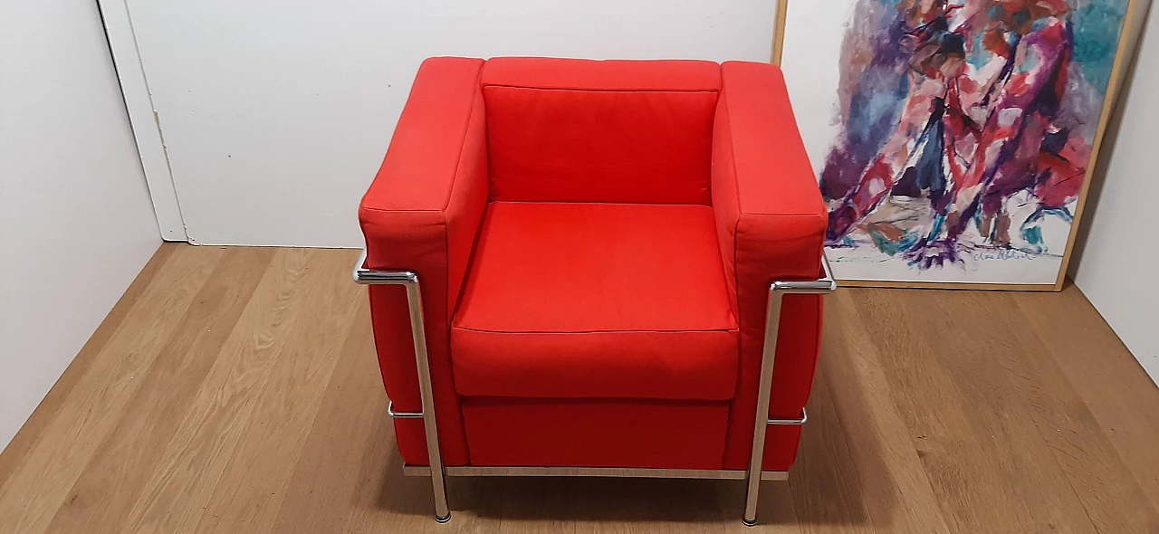 LC 2 armchair in red cotton by Le Corbusier, P. Jeanneret, C. Perriand for Alivar, 1980s 5
