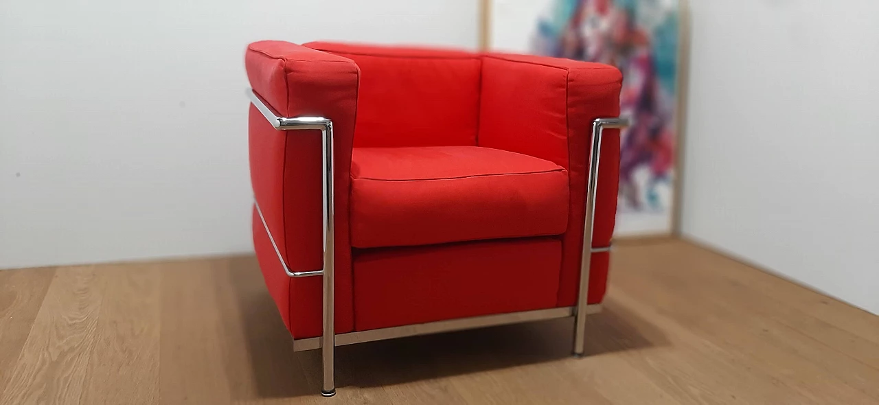 LC 2 armchair in red cotton by Le Corbusier, P. Jeanneret, C. Perriand for Alivar, 1980s 6