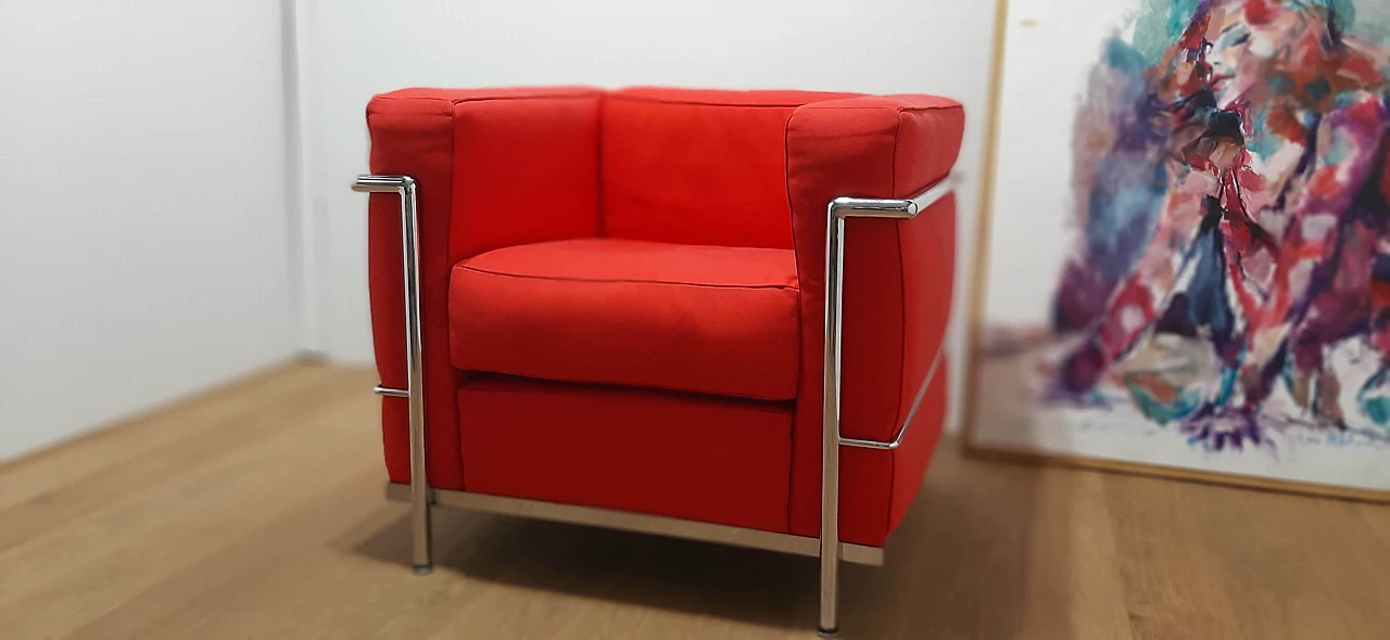 LC 2 armchair in red cotton by Le Corbusier, P. Jeanneret, C. Perriand for Alivar, 1980s 8