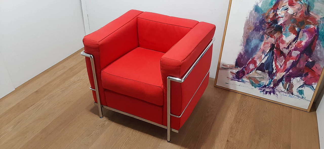 LC 2 armchair in red cotton by Le Corbusier, P. Jeanneret, C. Perriand for Alivar, 1980s 9