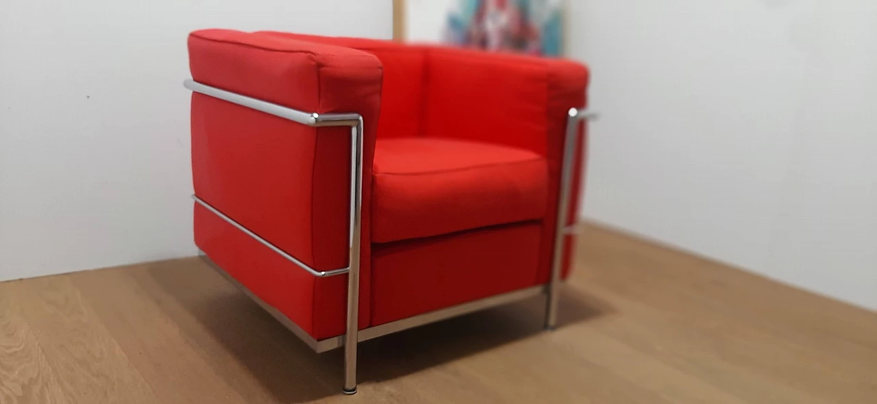 LC 2 armchair in red cotton by Le Corbusier, P. Jeanneret, C. Perriand for Alivar, 1980s 10