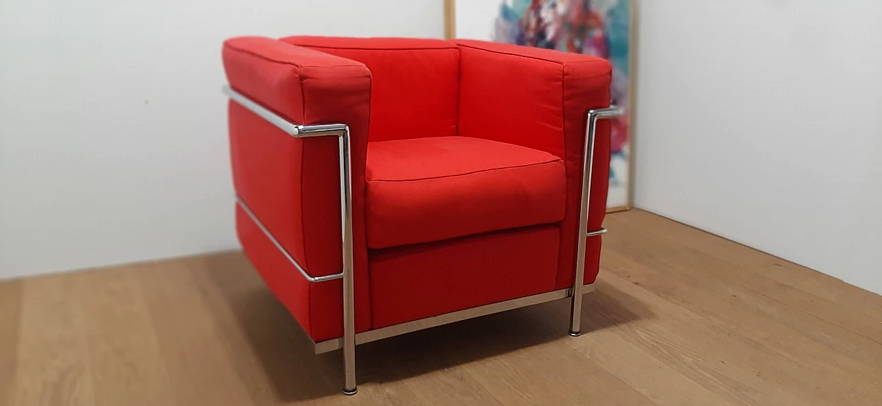 LC 2 armchair in red cotton by Le Corbusier, P. Jeanneret, C. Perriand for Alivar, 1980s 12